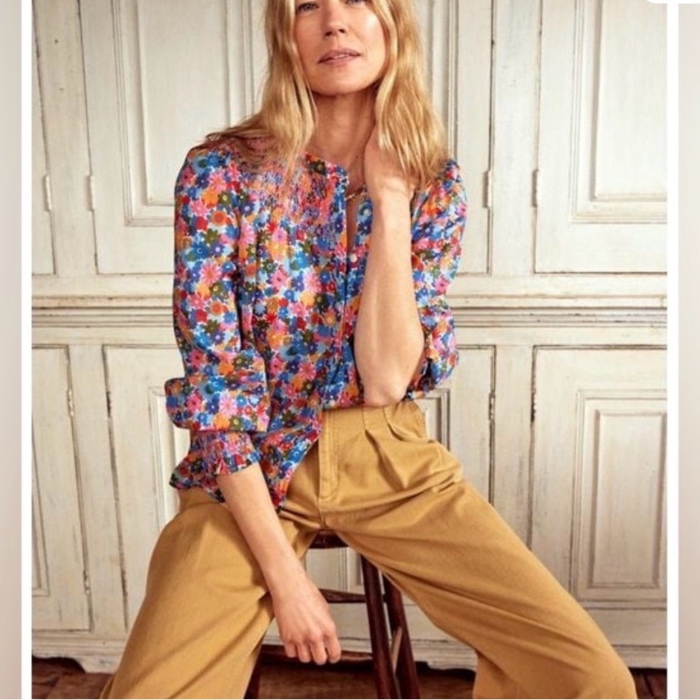 Boden • NWT $165 Cotton Floral Blouse with Ruffled Sleeves PTP 19”-21”